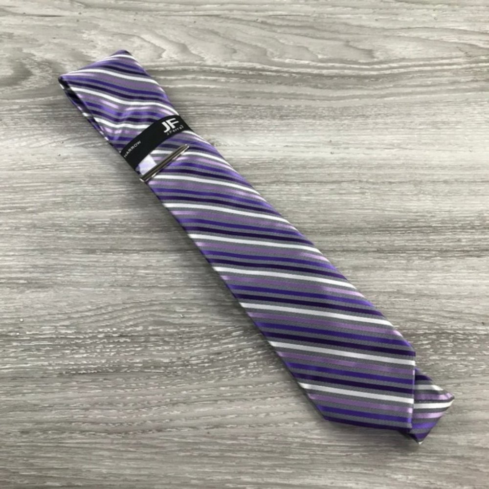 JF J. Ferrar Silver/Purple Stripe Necktie & Clip